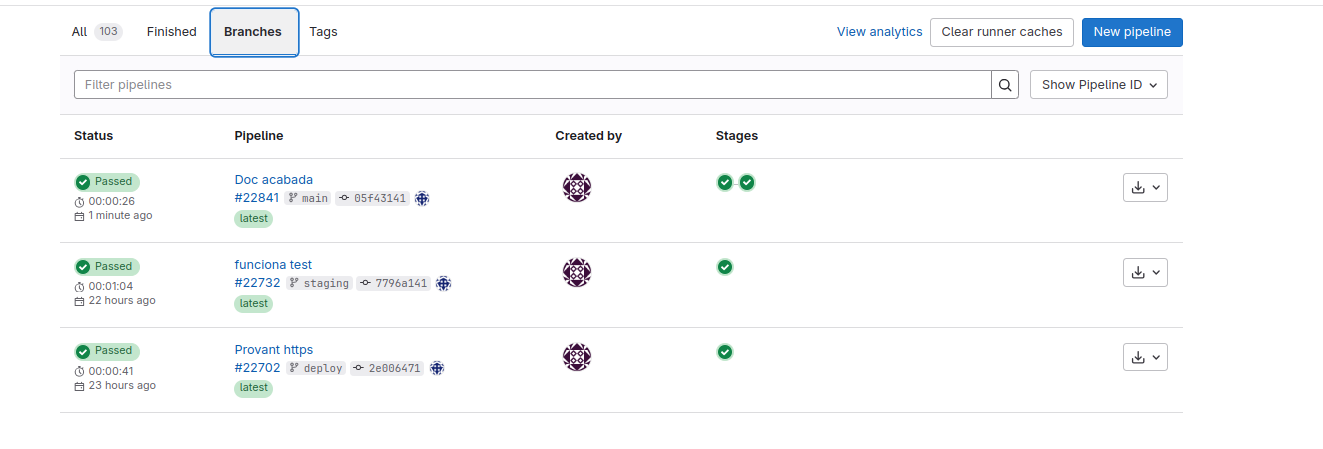 Vista de pipelines en GitLab