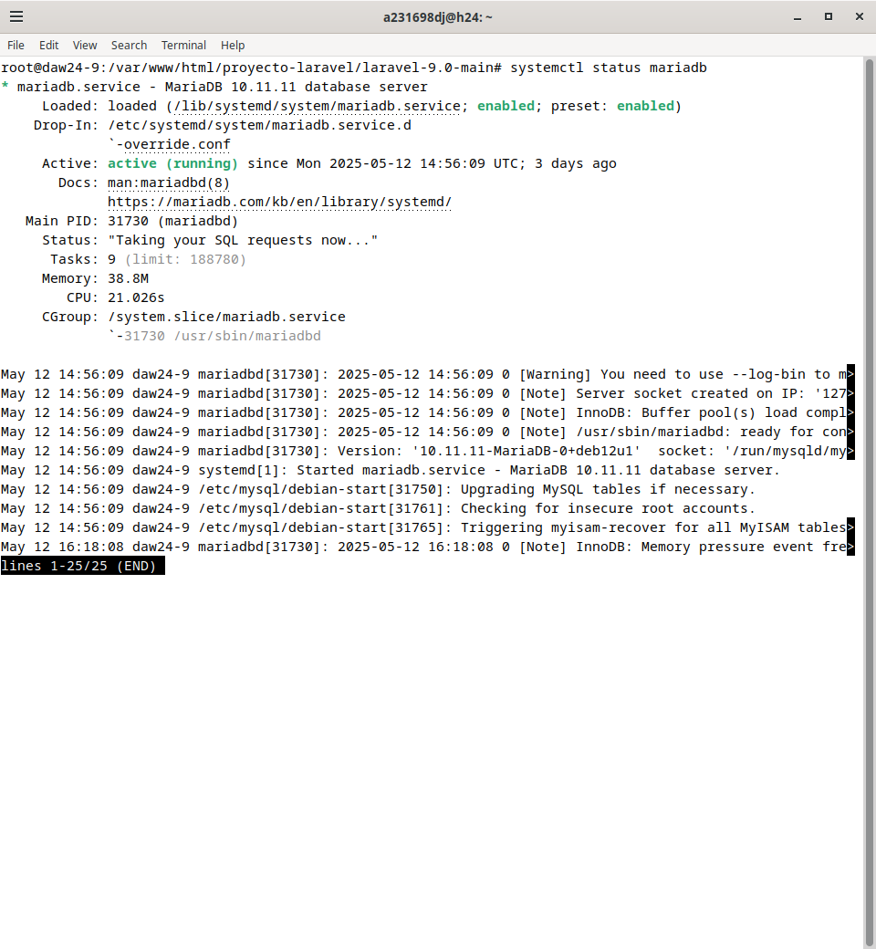 Estado del servicio MariaDB